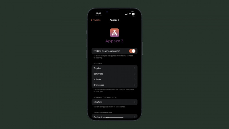   Appaze 3-Einstellungsbereich in der Einstellungen-App.