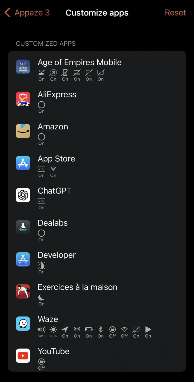   Appaze 3-Einstellungsbereich „Apps anpassen“.