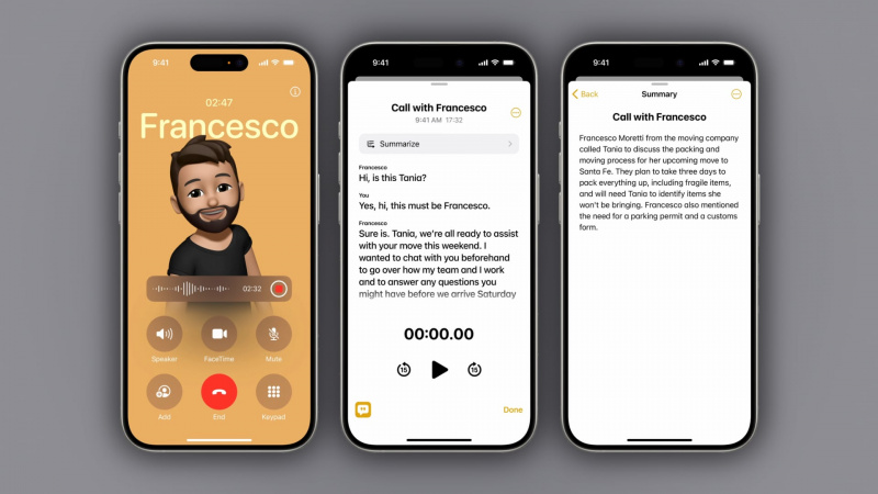  Три снимка экрана iPhone, демонстрирующие запись звонка в приложении «Телефон», просмотр расшифровки звонка и доступ к сводке аудио.
