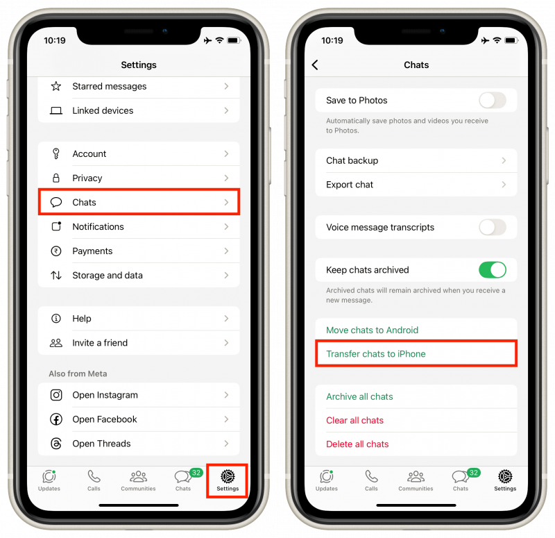   Tik op overdracht chats naar iPhone in WhatsApp
