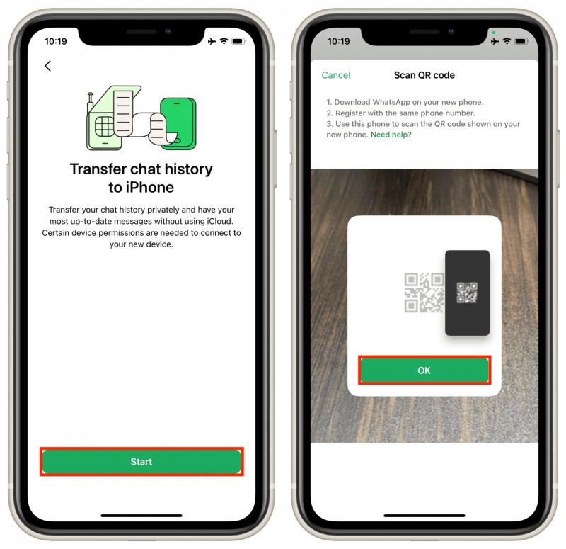   Codescanner op het chatgeschiedenisscherm in WhatsApp op iPhone