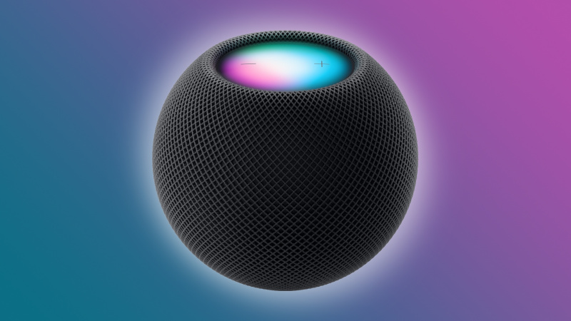  Homepod mini di ruang seperti warna tengah malam seperti abu-abu, diatur dengan latar belakang gradien warna