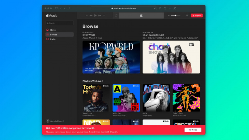  Apple Music na webu představuje seznam skladeb WWDC24 na barevném pozadí s přechodem