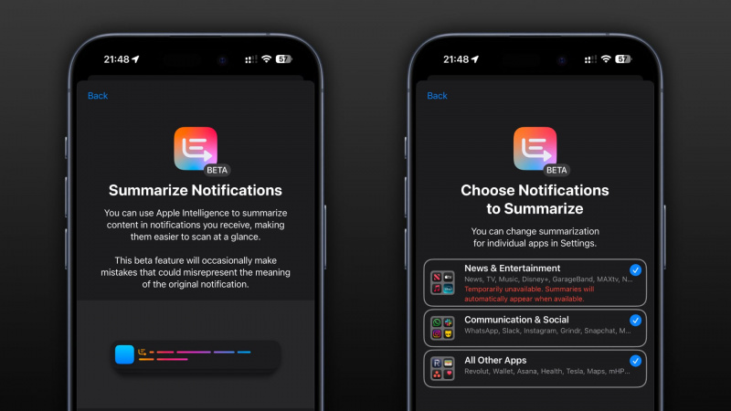   Du įrėminti „iPhone“ ekrano kopijos, rodančios „Splash“ ekranus, kai įjungiate „Apple Intelligence“ pranešimų suvestines.