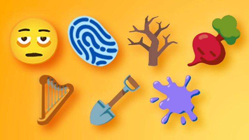  Emoji karakterleri gözlerinin altında torbalar, parmak izi, yapraksız ağaç, kök sebze, arp, kürek ve sıçramayla yüzleşiyor, turuncu renk gradyan arka planına yerleştirilmiş.