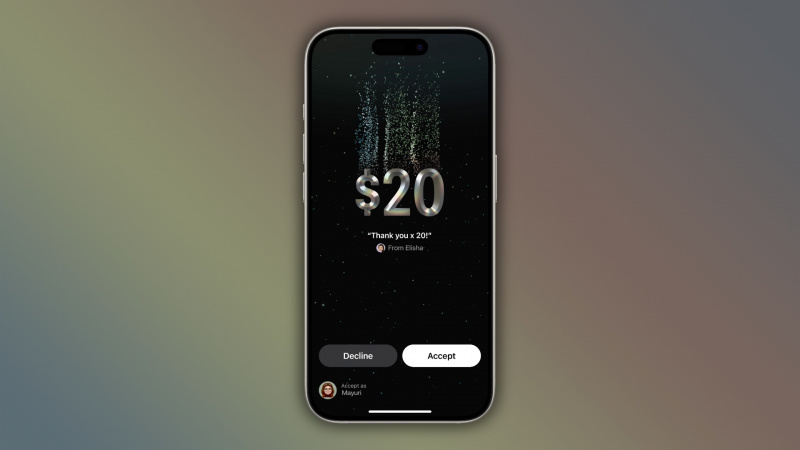  iPhone met de nieuwe Tap to Cash-functie in iOS 18, tegen een kleurrijke achtergrond met kleurverloop