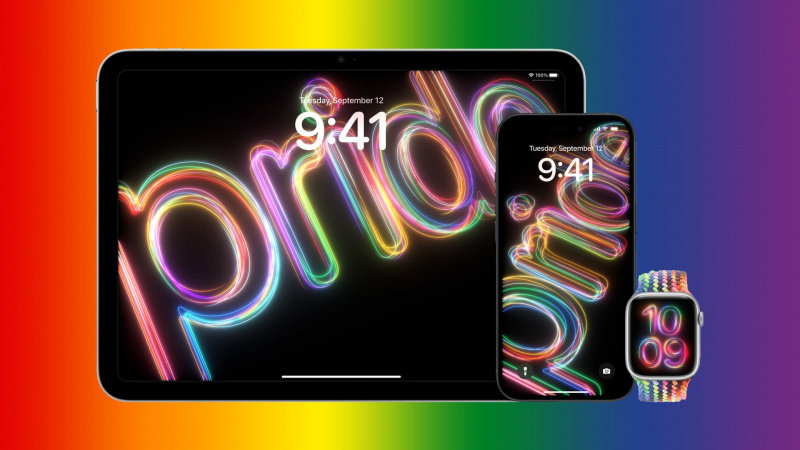  iPad, iPhone und Apple Watch präsentieren das Pride Radiance-Hintergrundbild und das Zifferblatt vor dem LGBTQ+-Regenbogenfarbverlauf