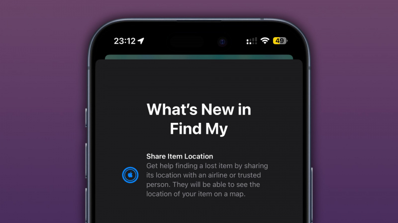   Layar pembuka iPhone untuk aplikasi Cari Milik Saya's Share Item Location feature.