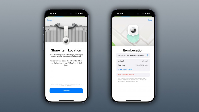   Dua tangkapan layar iPhone berbingkai yang menunjukkan langkah-langkah untuk membagikan lokasi AirTag yang hilang di aplikasi Cari Milik Saya.