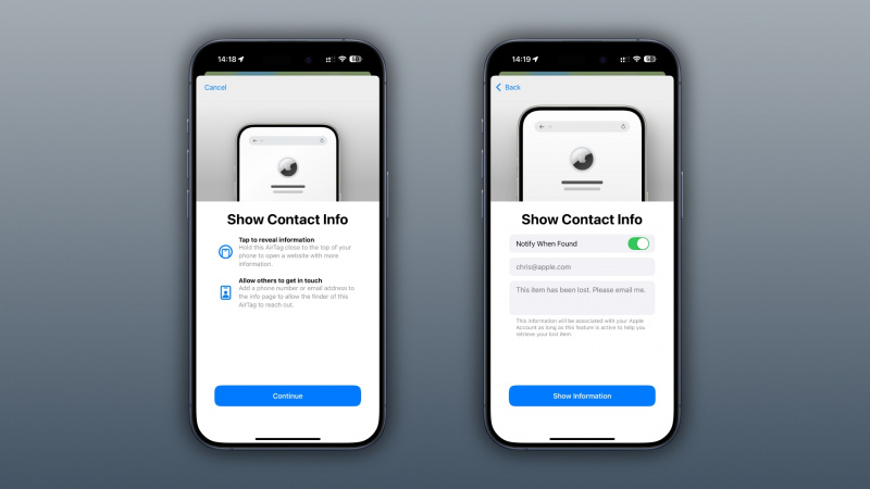  Dua tangkapan layar iPhone berbingkai yang menunjukkan langkah-langkah untuk membagikan informasi kontak untuk AirTag yang hilang di aplikasi Cari Milik Saya.