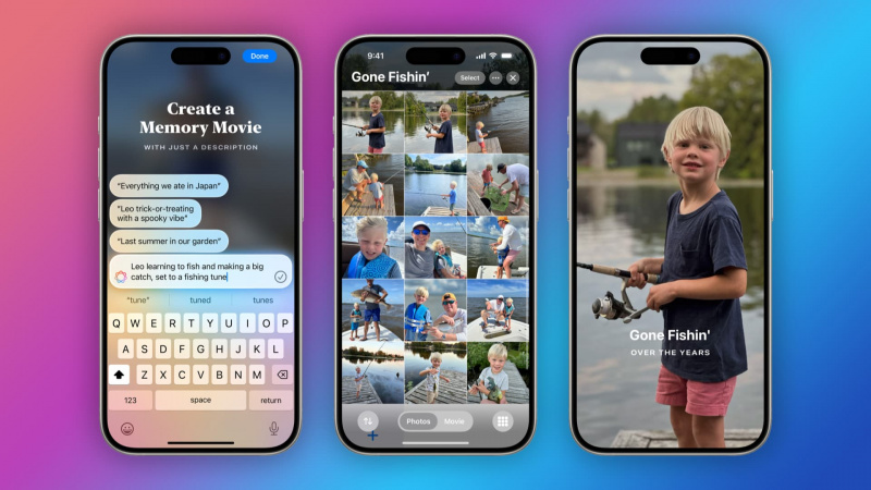  Tri snímky obrazovky iPhone zobrazujúce iOS 18's ability to create Photos memory movies from a Siri prompt