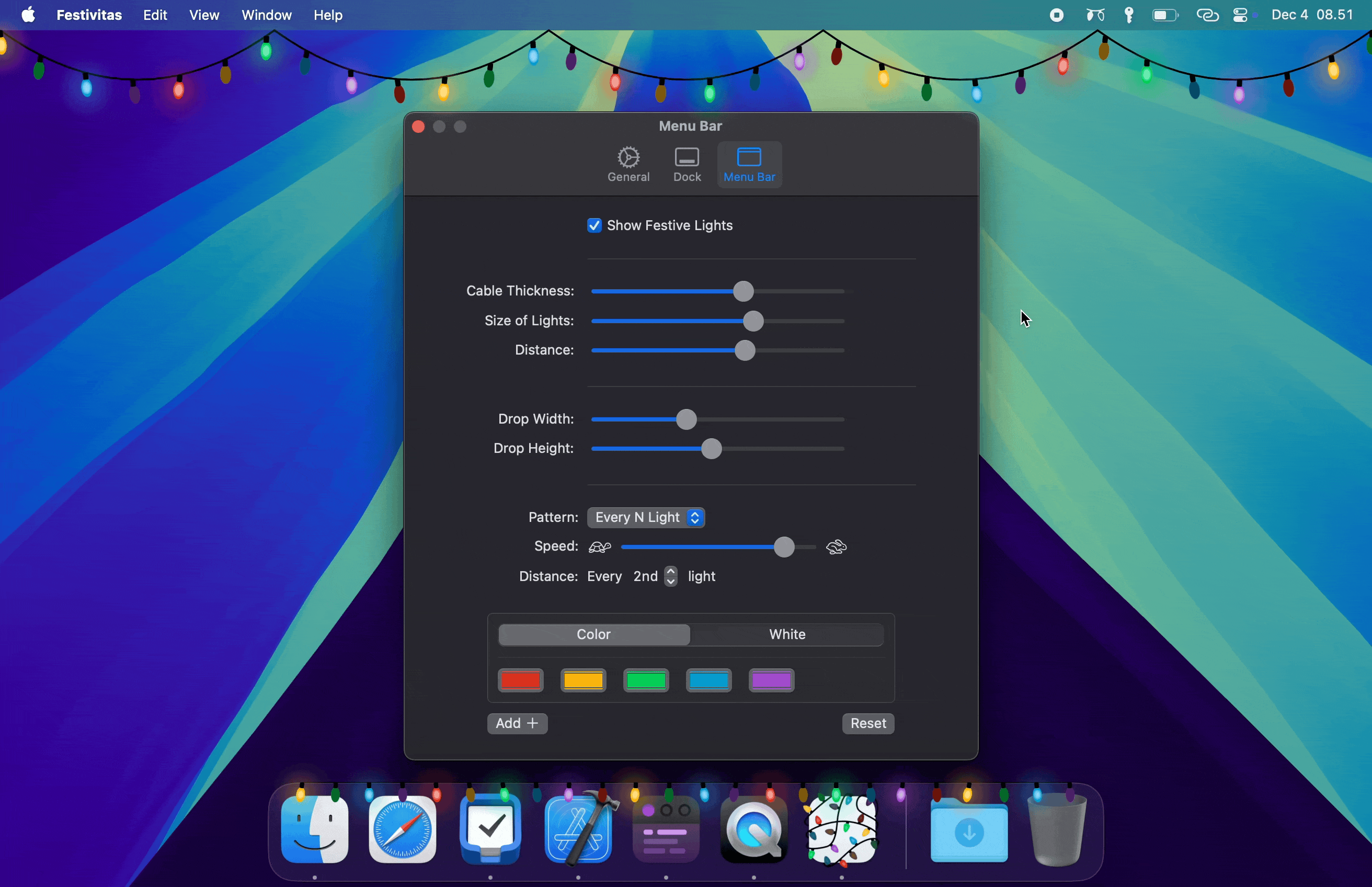  Painel de preferências do Festivitas no Mac.