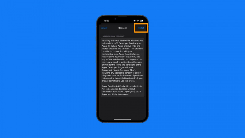   Antrą kartą tvOS beta profilio patvirtinimo diegimo mygtukas.
