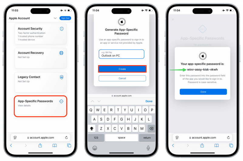   Appleアカウント設定でOutlookのアプリ固有のパスワードを作成します