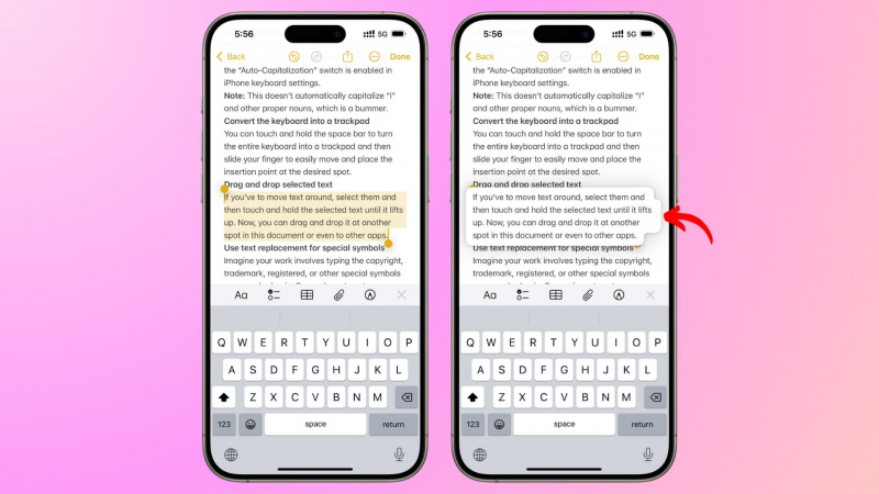   iPhone でテキストを持ち上げてドラッグ アンド ドロップする