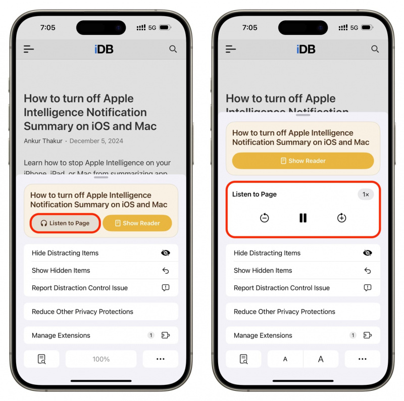   Tinklalapio klausymas naudojant „Safari“ „iPhone“.