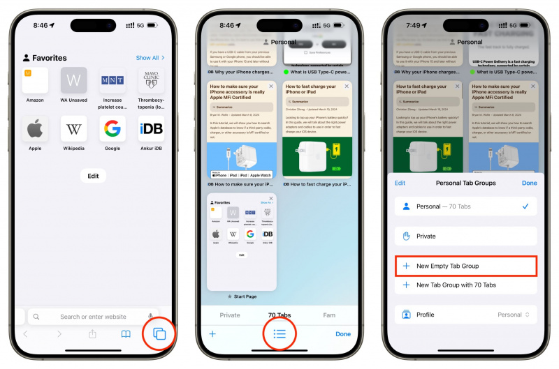   Sukurkite tuščią skirtukų grupę „Safari“ „iPhone“.