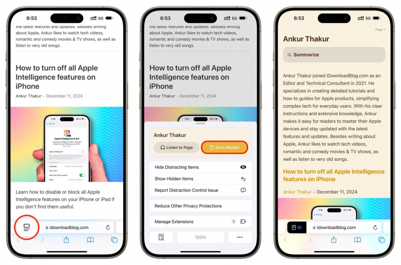   Rodyti skaitytuvą „Safari“ „iPhone“.