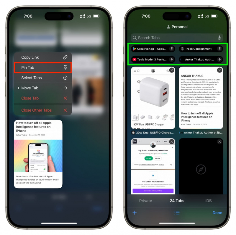  „IPhone“ skirtuko „Safari“ funkcija