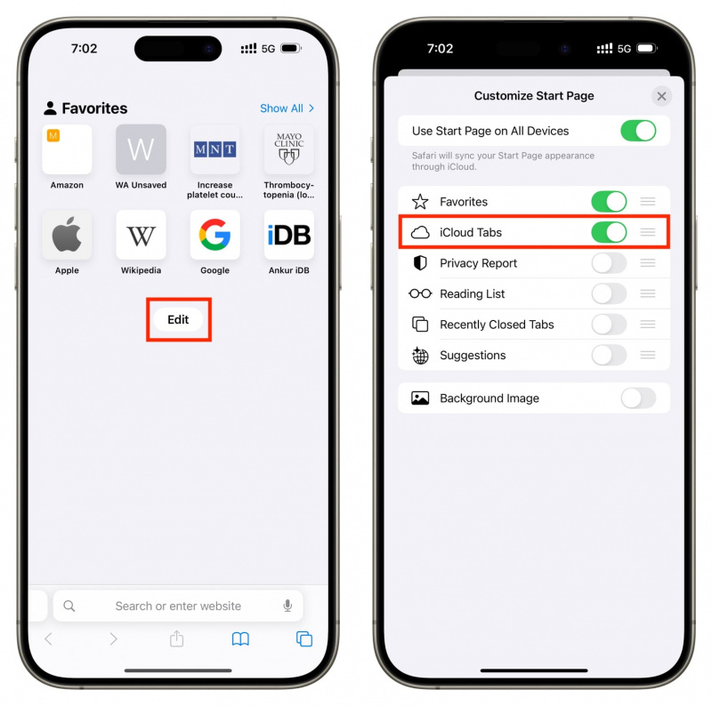   Įjunkite „iCloud Tabs“ „Safari“ programoje „iPhone“.
